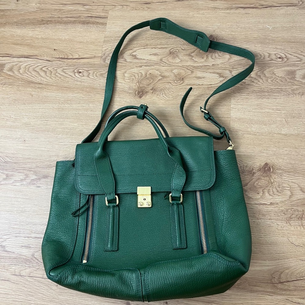 31 Phillip Lim Large Satchel Bag Green Leather Gold Hardware Tote Crossbody‎